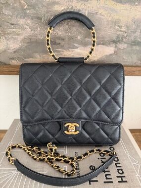 CHANEL Black Quilted Caviar Leather Shoulder Bag with Gold Hardware
